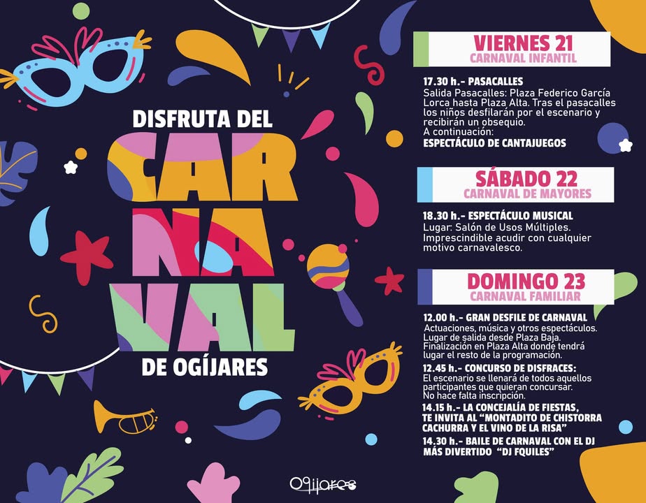 🎭🎉 ¡El Carnaval de Ogíjares ya está aquí! 🎉🎭
🚨🚨 ¡¡HOY!! 🚨🚨
📆 Disfruta de una programación llena de diversión, color y música con... 🎭🎉 ¡El Carnaval de Ogíjares ya está aquí! 🎉🎭
🚨🚨 ¡¡HOY!! 🚨🚨
📆 Disfruta de una programación llena de diversión, color y música con...