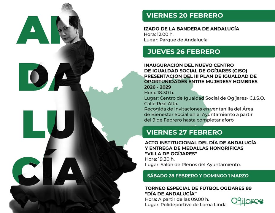 💚🤍 Especial “Andalucía Blanca y Verde” en Ogíjares 🤍💚  
  
Nuestro municipio se prepara para celebrar el Día de Andalucía con una programación ...