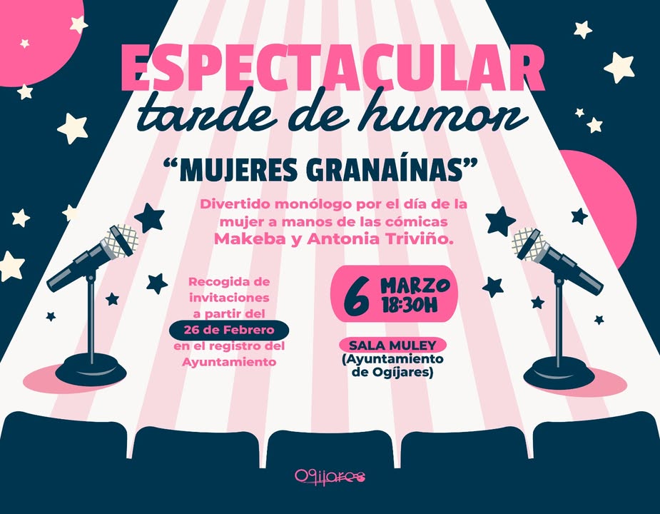 🎭 ESPECTACULAR TARDE DE HUMOR: "MUJERES GRANADINAS"
✨ Celebra el Día de la Mujer con un monólogo lleno de risas y buen humor
🎙️ Cómic... 🎭 ESPECTACULAR TARDE DE HUMOR: "MUJERES GRANADINAS"
✨ Celebra el Día de la Mujer con un monólogo lleno de risas y buen humor
🎙️ Cómic...