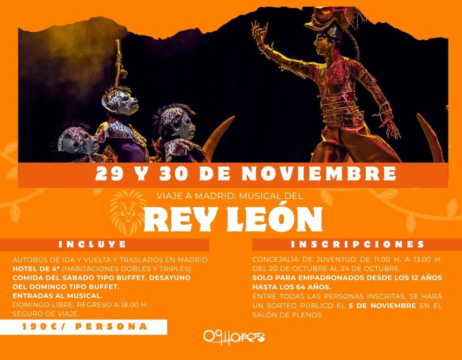 🎭 ¡Vuelve el viaje más esperado del año! ✨  
  
X Viaje a Madrid – Musical “El Rey León” 🦁  
  
🗓 Sábado 29 y domingo 30 de noviembre  
Dos días...