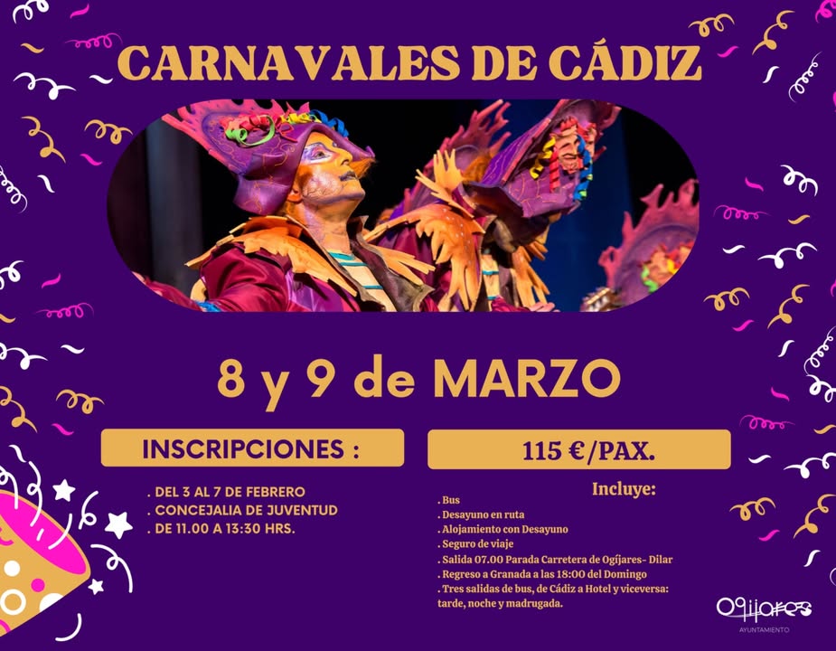 📢🎭 ¡Nos vamos a los Carnavales de Cádiz! 🎭📢
📅 Sábado 8 y domingo 9 de marzo
🚍 Viaje cultural con todo incluido:
✅ Autobús de alta c... 📢🎭 ¡Nos vamos a los Carnavales de Cádiz! 🎭📢
📅 Sábado 8 y domingo 9 de marzo
🚍 Viaje cultural con todo incluido:
✅ Autobús de alta c...