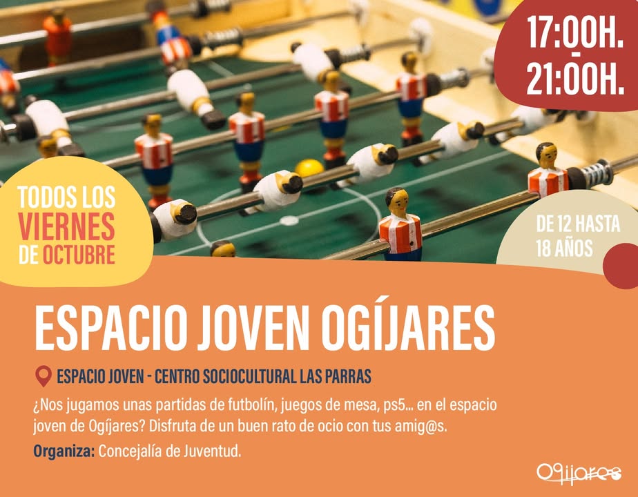 🎮 ¡Espacio Joven en Ogíjares!  
  
Este viernes 10 de octubre arranca de nuevo el punto de encuentro para la juventud ogijareña.  
¿Te apetece una...