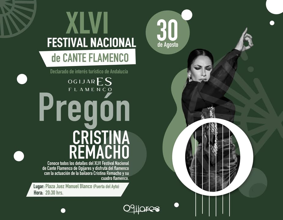 💃 V Pregón del Festival Flamenco de Ogíjares  
  
🎤 Sábado 30 de agosto  
🕘 A partir de las 20:30h  
📍 Plaza Juez Manuel Blanco (Puerta del Ayu...
