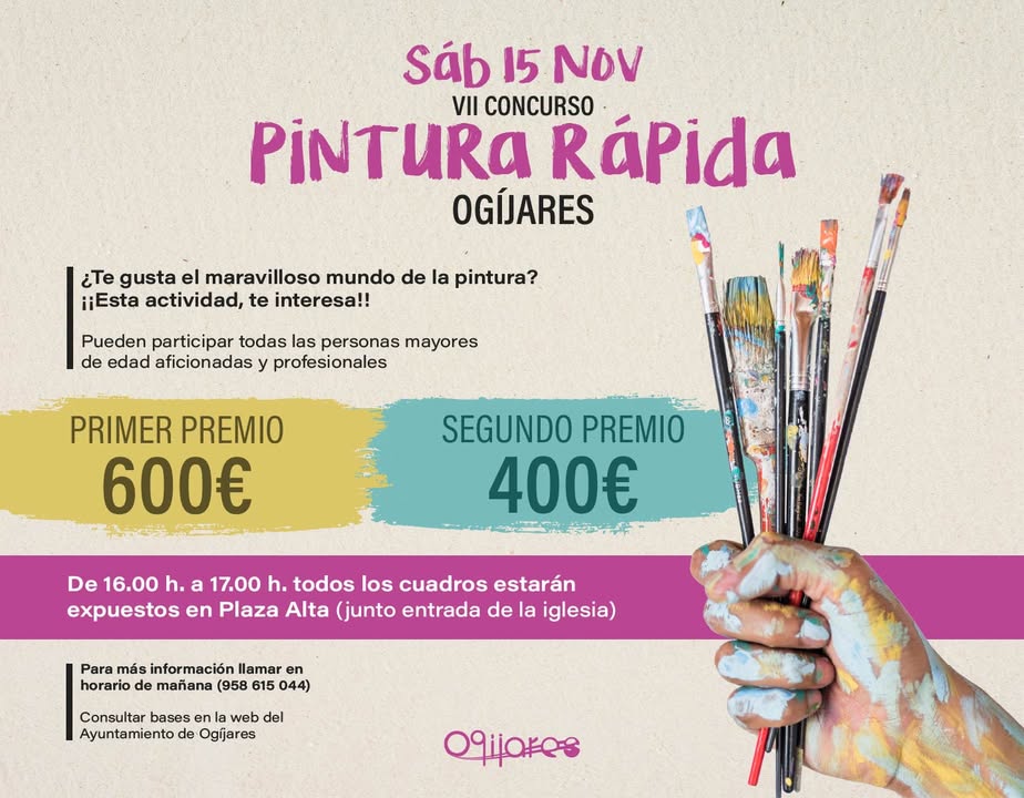 🎨 VII Concurso de Pintura Rápida de Ogíjares 🖌️  
  
El arte vuelve a llenar nuestras calles con color, talento e inspiración.  
Si te apasiona la...