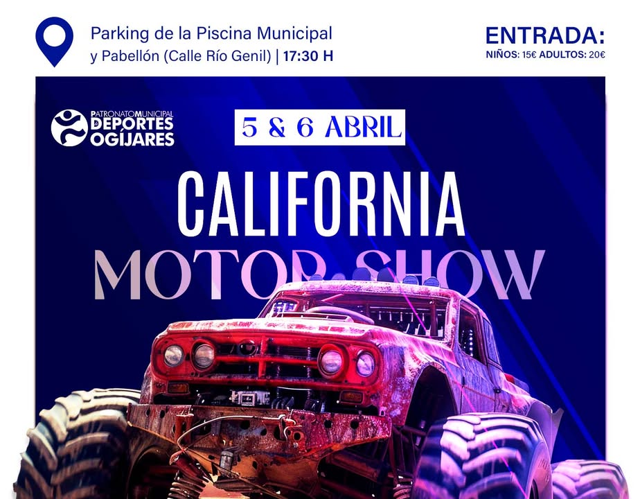 🏁 ¡Vuelve el California Motor Show! 🏁  
  
📅 Sábado 5 y domingo 6 de abril  
🕠 Hora: 17:30h  
📍 Lugar: Parking de la Piscina Municipal y Pabel...