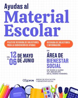 🎒 Ayudas para material escolar 2025  
  
¡ÚLTIMO DÍA!   
  
📍 Recogida de solicitudes e información:  
Área de Bienestar Social  
🕙 De 10:00 a 1...