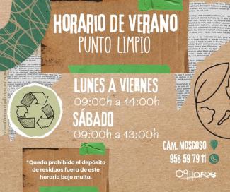 ♻️ HORARIO AGOSTO · PUNTO LIMPIO MUNICIPAL ♻️  
  
📍 Ogíjares – Camino Moscoso  
📞 Tel: 958 59 79 11  
  
🗓 De lunes a viernes: 9:00 – 14:00 h  
...