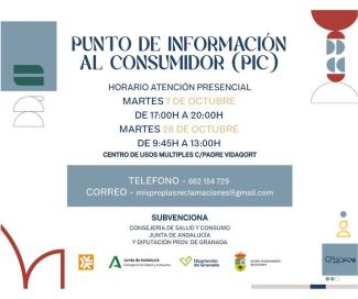 ℹ️ Punto de Información al Consumidor (PIC) en Ogíjares  
  
📅 Atención presencial:  
Martes 7 de octubre  → 17:00 a 20:00 h  
Martes 28 de octubr...