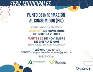 ℹ️ Punto de Información al Consumidor (PIC) en Ogíjares  
  
📅 Atención presencial:  
Martes 11 de noviembre → 17:00 a 20:00 h  
Martes 25 de novi...