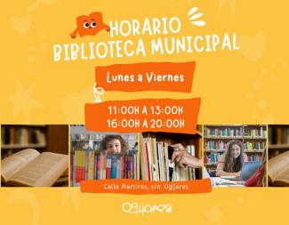 📚✨Vuelve el horario habitual de la Biblioteca Municipal  
  
🕒 Horario:  
📘 Mañanas: 11:00 – 13:00  
📗 Tardes: 16:00 – 20:00  
  
Te esperamos...