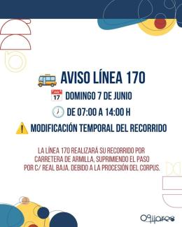 🚌 Desde la Concejalía de Transporte y Movilidad informamos a los usuarios de la línea 170 que, con motivo de la procesión del Corpus, el próximo d...