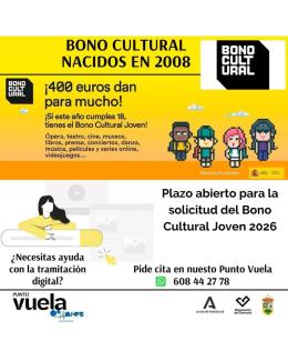 🎉 ¡Si naciste en 2008, esta oportunidad es para ti!  
  
Ya puedes solicitar el Bono Cultural Joven 2026, una ayuda de 400 € para disfrutar de lib...