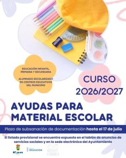 📢 Recordatorio | Ayudas para material escolar  
  
Si has solicitado la ayuda para material escolar, recuerda que el plazo para subsanar la docume...