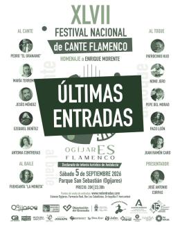 🎶 ¡Últimas entradas para el XLVII Festival Nacional de Cante Flamenco de Ogíjares!  
  
Una vez se agoten, se pondrán a la venta en taquilla el mi...