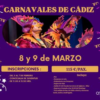 📢🎭 ¡Nos vamos a los Carnavales de Cádiz! 🎭📢  
  
📅 Sábado 8 y domingo 9 de marzo  
🚍 Viaje cultural con todo incluido:  
✅ Autobús de alta c...