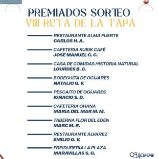 🎉 ¡SORTEO PÚBLICO REALIZADO HOY! 🎉  
  
Ya tenemos a los premiados de la Ruta de la Tapa de Ogíjares 2025.  
¡Enhorabuena a todas las personas ga...