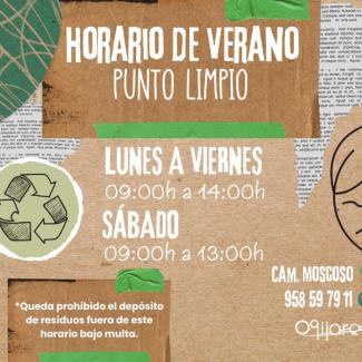 ♻️ HORARIO AGOSTO · PUNTO LIMPIO MUNICIPAL ♻️  
  
📍 Ogíjares – Camino Moscoso  
📞 Tel: 958 59 79 11  
  
🗓 De lunes a viernes: 9:00 – 14:00 h  
...