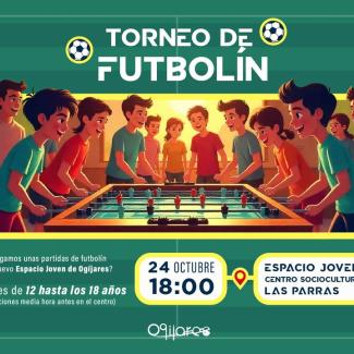 ⚽🎯 ¡Torneo de Futbolín – Viernes 24 de octubre!  
  
Si tienes entre 12 y 18 años, esta es tu cita en el Espacio Joven de Ogíjares. Pasa una tard...