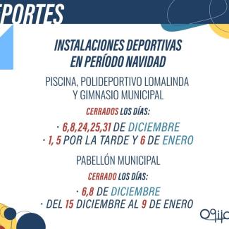 🎄 Aviso de cierre de instalaciones deportivas municipales 🎄  
  
🏊‍♂️ Piscina Municipal  
🏋️‍♀️ Gimnasio Municipal  
🏟️ Polideportivo Municipal ...