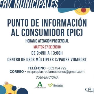 ℹ Punto de Información al Consumidor (PIC)  
  
El próximo martes 27 de enero, estará disponible el servicio de atención al consumidor en Ogíjares....
