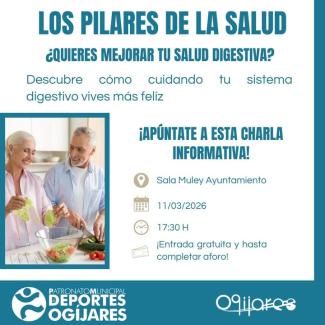 Charla informativa: “Los Pilares de la Salud”🍏  
  
Desde el Patronato Municipal de Deportes del Ayuntamiento de Ogíjares, te invitamos a particip...