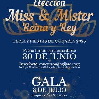 👑 ¡Buscamos a la Miss, el Míster, la Reina y el Rey de las Fiestas de Ogíjares 2026!  
  
Ya está abierto el plazo de inscripción para participar ...