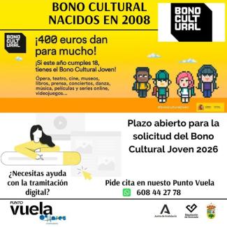 🎉 ¡Si naciste en 2008, esta oportunidad es para ti!  
  
Ya puedes solicitar el Bono Cultural Joven 2026, una ayuda de 400 € para disfrutar de lib...