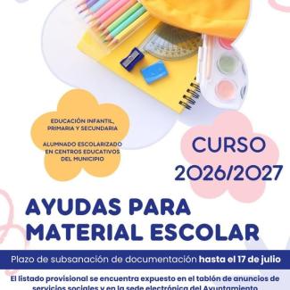 📢 Recordatorio | Ayudas para material escolar  
  
Si has solicitado la ayuda para material escolar, recuerda que el plazo para subsanar la docume...