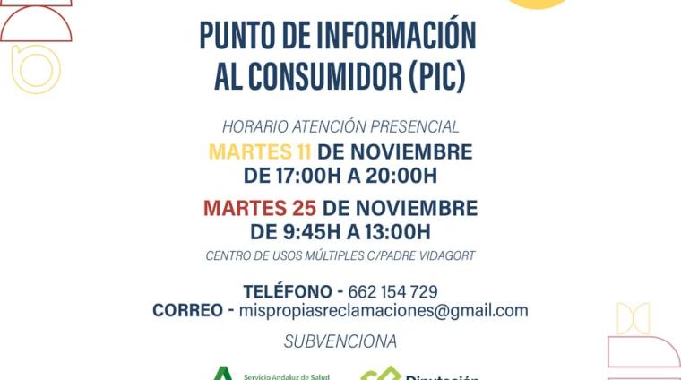 ℹ️ Punto de Información al Consumidor (PIC) en Ogíjares  
  
📅 Atención presencial:  
Martes 11 de noviembre → 17:00 a 20:00 h  
Martes 25 de novi...