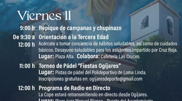 El viernes llega cargado de ambiente y propuestas para disfrutar Ogíjares de principio a fin. 🎶  
  
Tendremos feria de día, actividades deportiva...