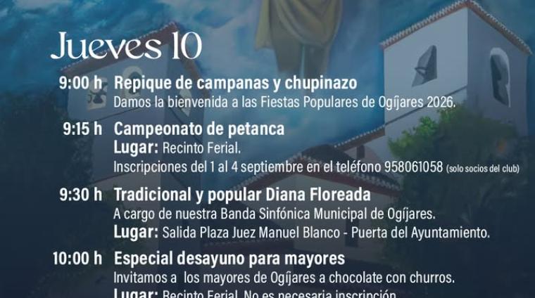 🎉 ¡Ogíjares ya está de fiesta!  
  
Este jueves vivimos  el comienzo oficial con actividades infantiles, el pregón, el concierto de la Banda Sinfó...