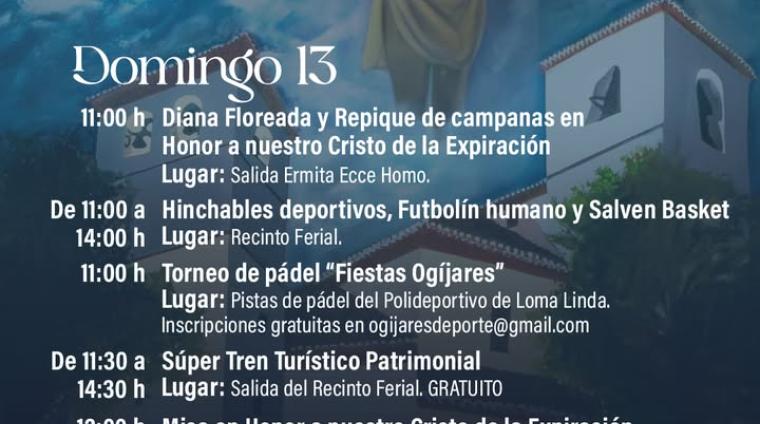 Tradición, convivencia y fiesta se unen este domingo en Ogíjares.  
  
El día estará marcado por la misa y la Magna Procesión del Santísimo Cristo ...